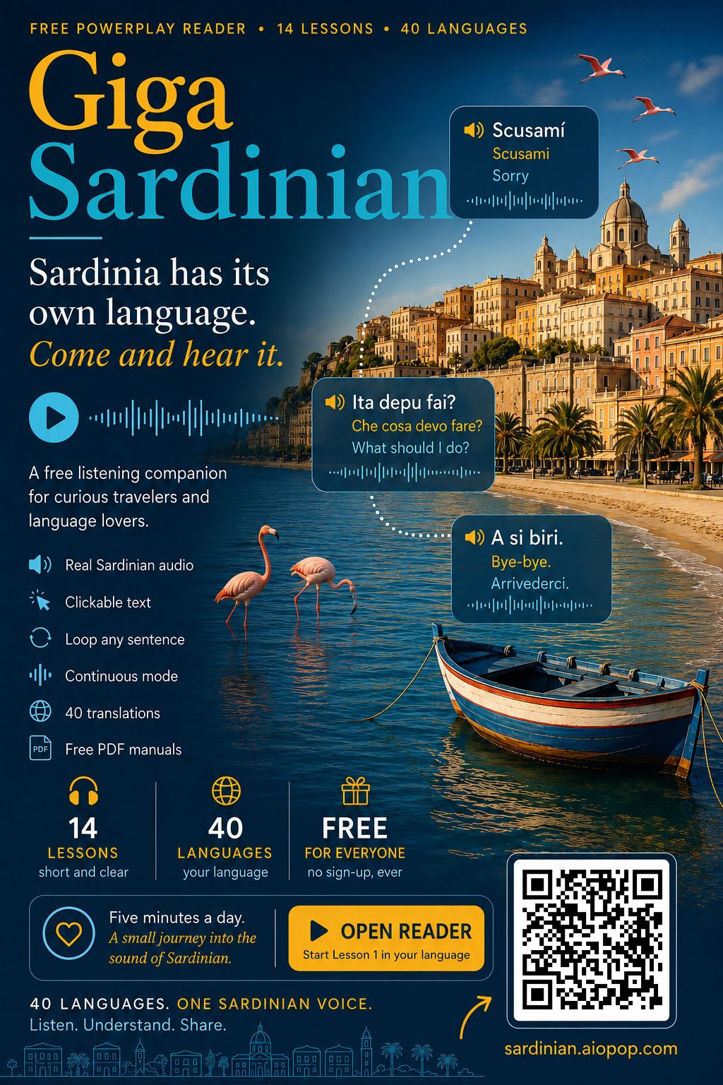 GigaSardinian poster — Sardinian audio lessons in 40 languages